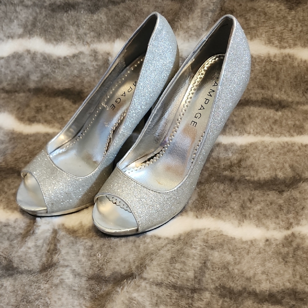 Rampage Silver Heels Shimmery Peep Toe Pumps